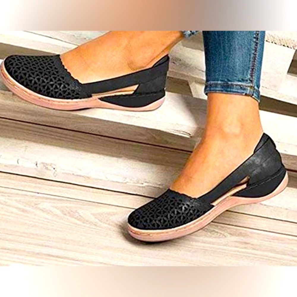 Women Black wedges orthopedic hollow out slip on sandals